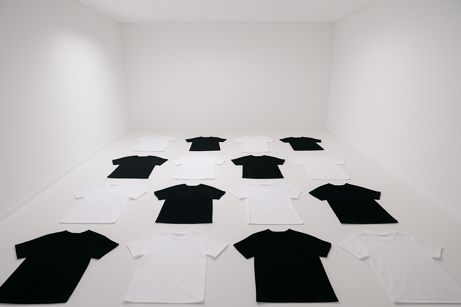 Bird eye view of a completely white room and black and white Tshirts laid out on the floor 